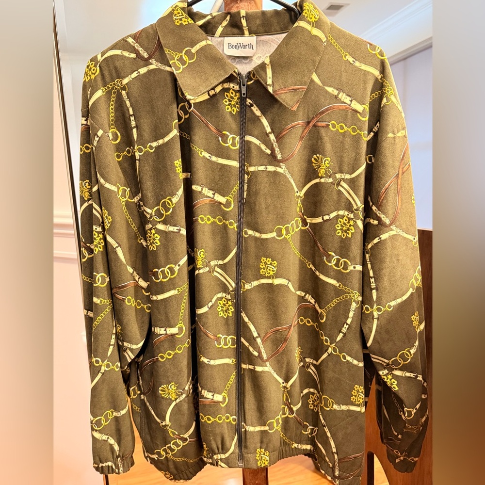 Vintage 90s Equestrian Chain Print Zip Jacket Olive Preppy XL